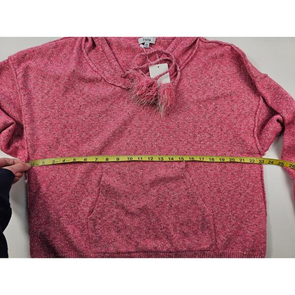 NWT Fate Pink Oversized Hooded Speckled Pull Over Pom Pom knit sweater M winter - Picture 7 of 8